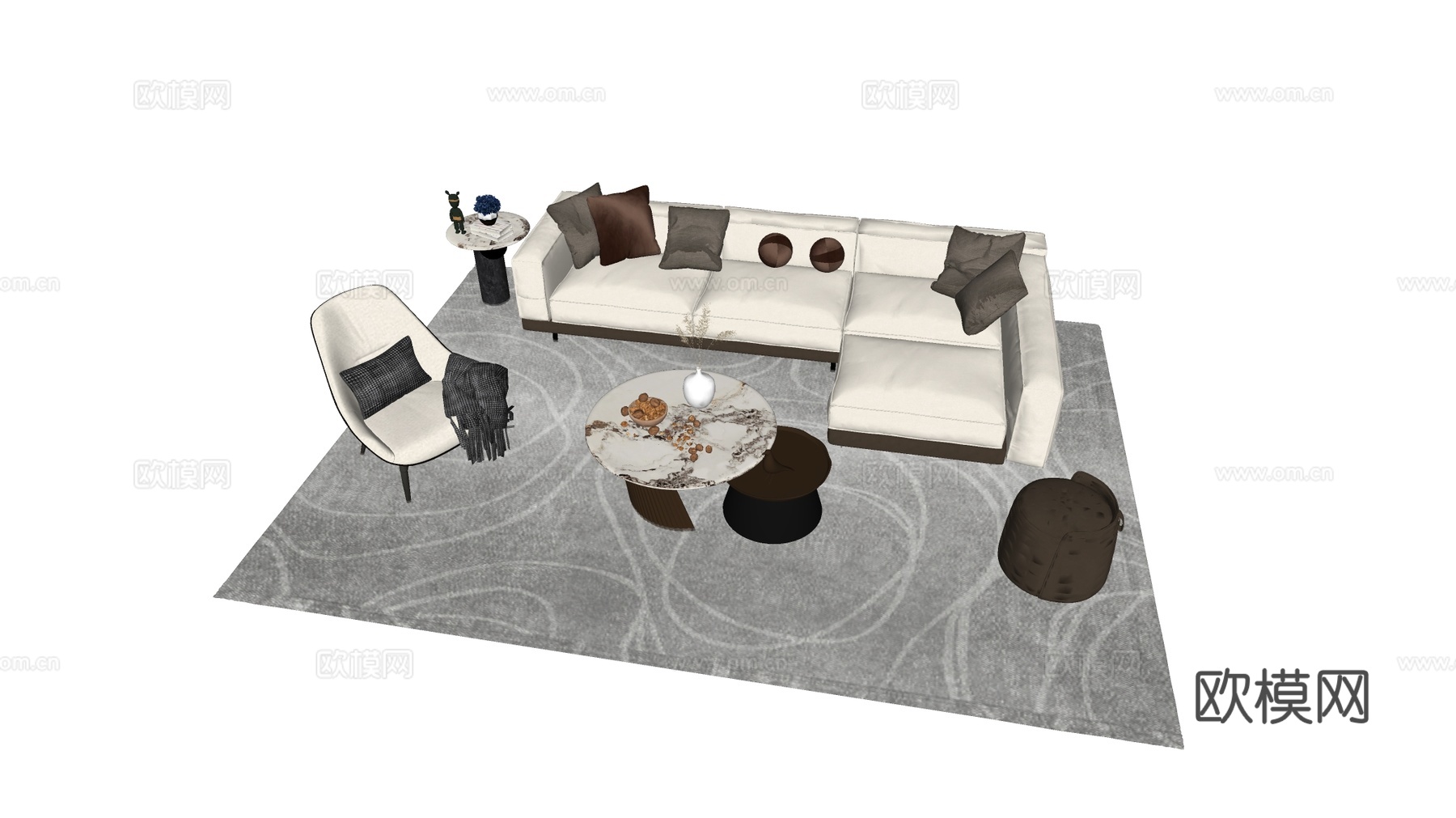现代简约沙发组合 L型沙发组合 大理石茶几 布艺沙发su模型