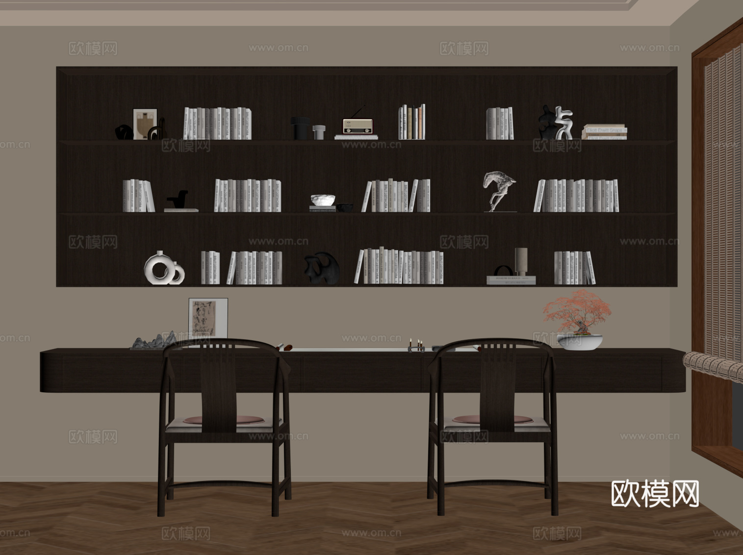 新中式书房 书桌椅 壁挂式书架su模型