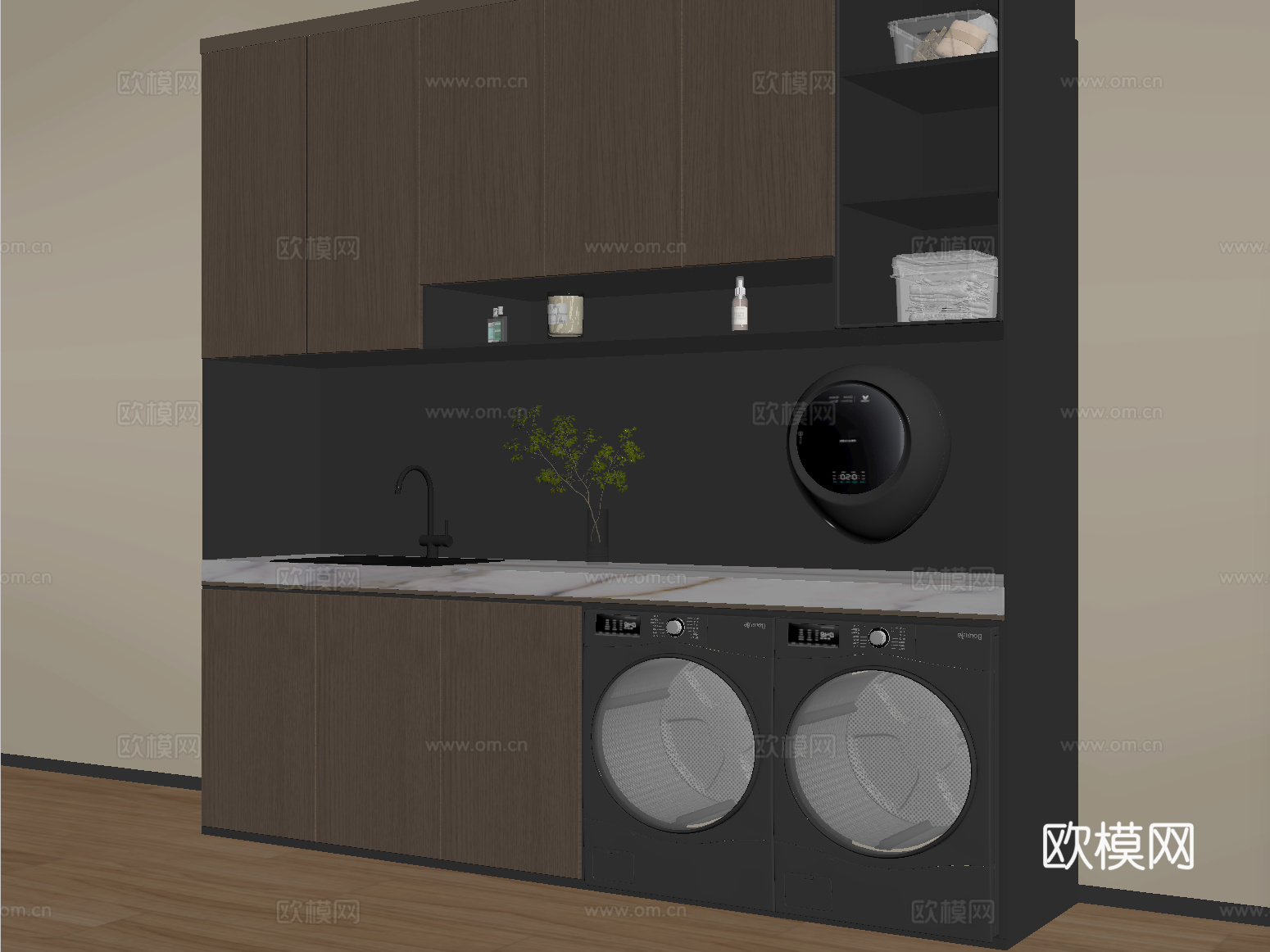 现代洗衣机柜 阳台柜 洗衣机 烘干机 壁挂洗衣机su模型