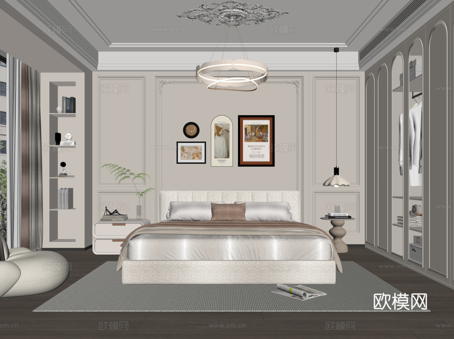 法式奶油风卧室 双人床 床头柜 衣柜su模型