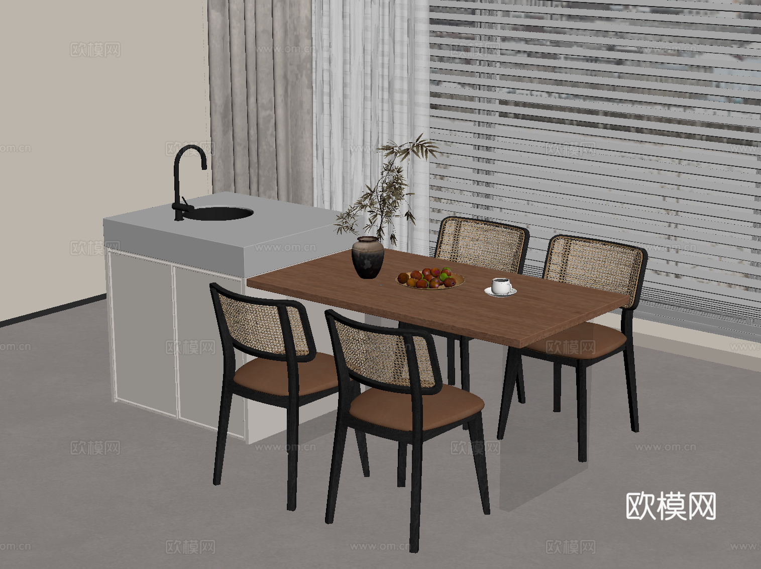 中古风岛台 餐桌椅su模型