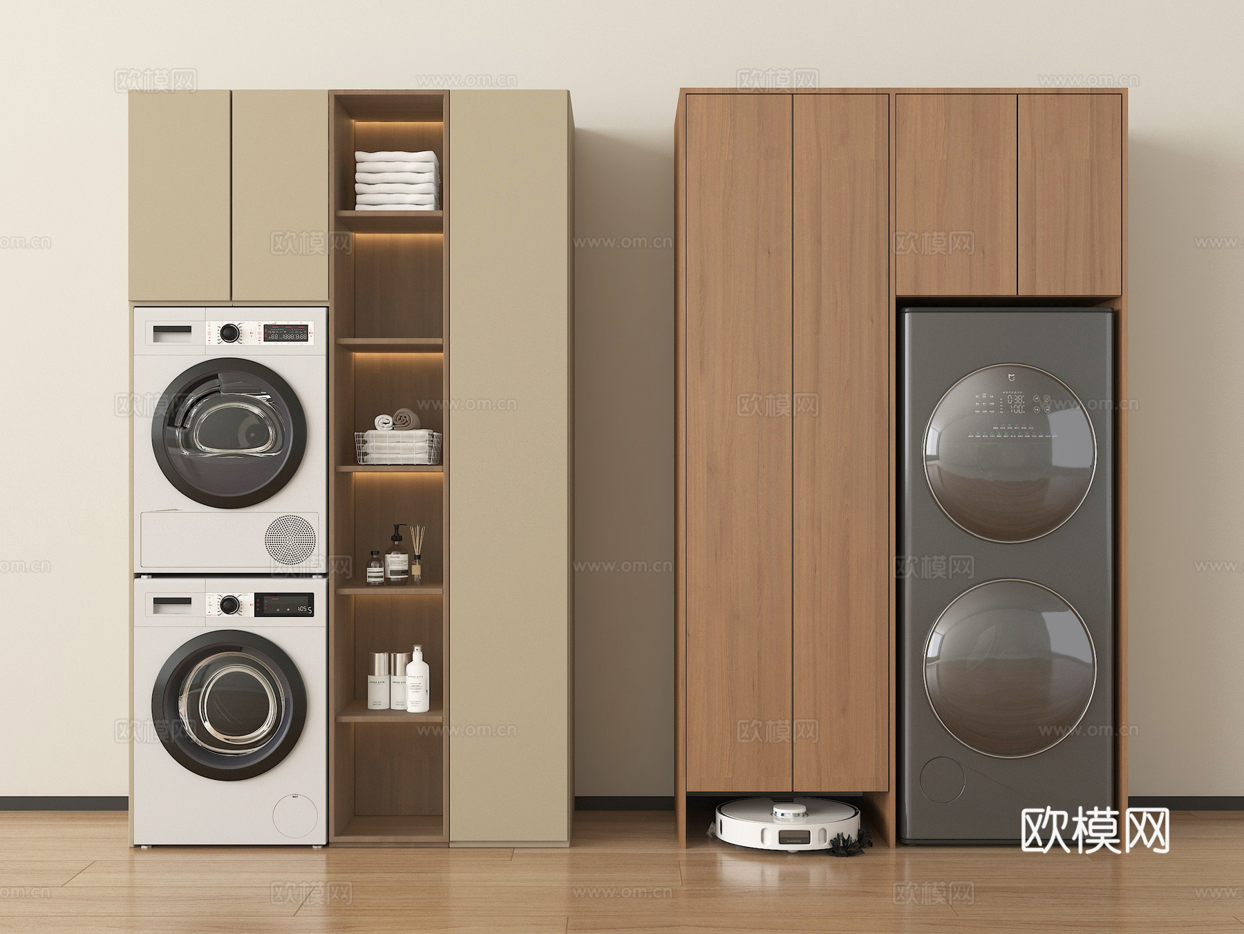 现代洗衣机柜 阳台柜 洗衣机 烘干机 洗烘一体机 扫地机器su模型
