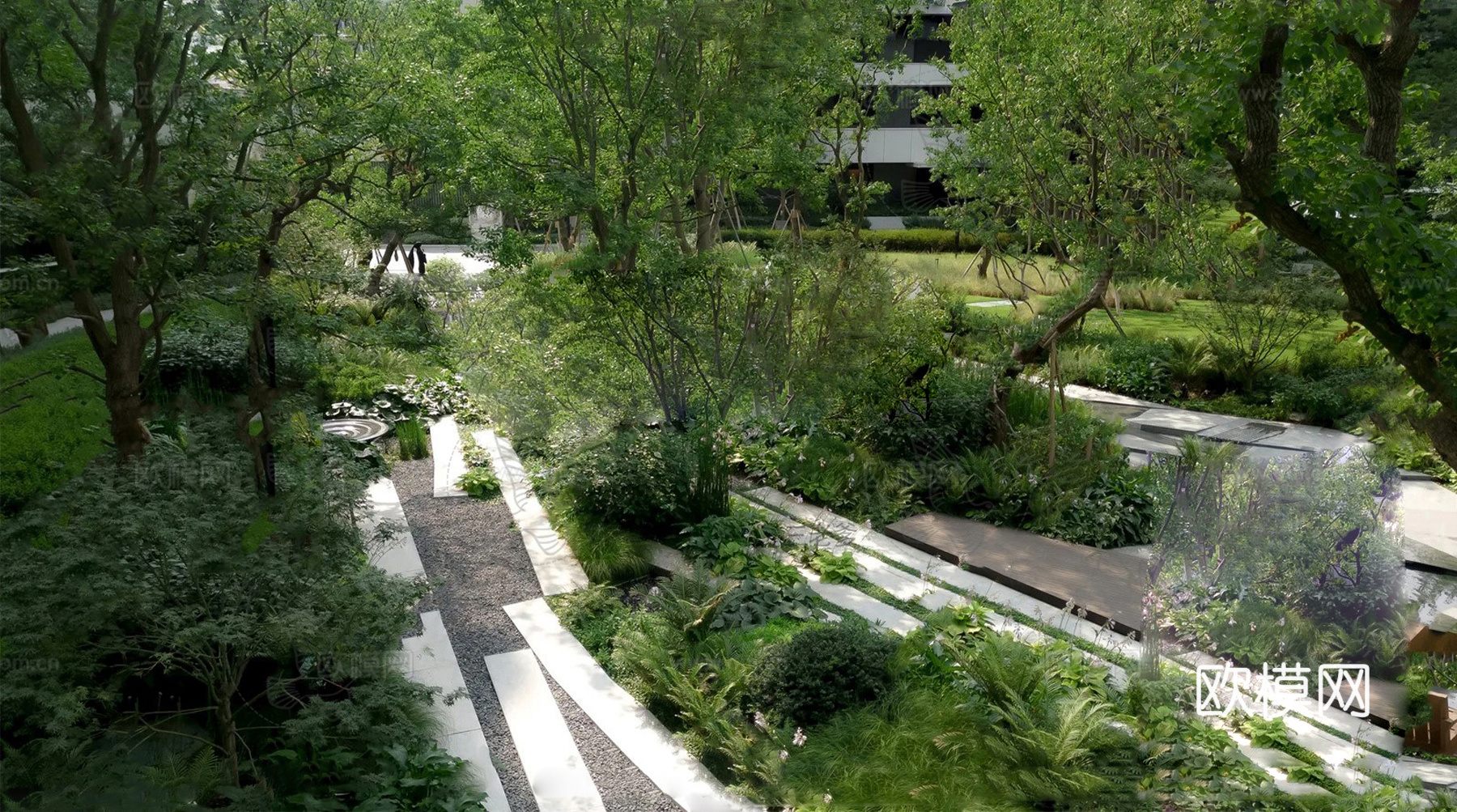 现代公园景观 林下空间 户外座椅su模型