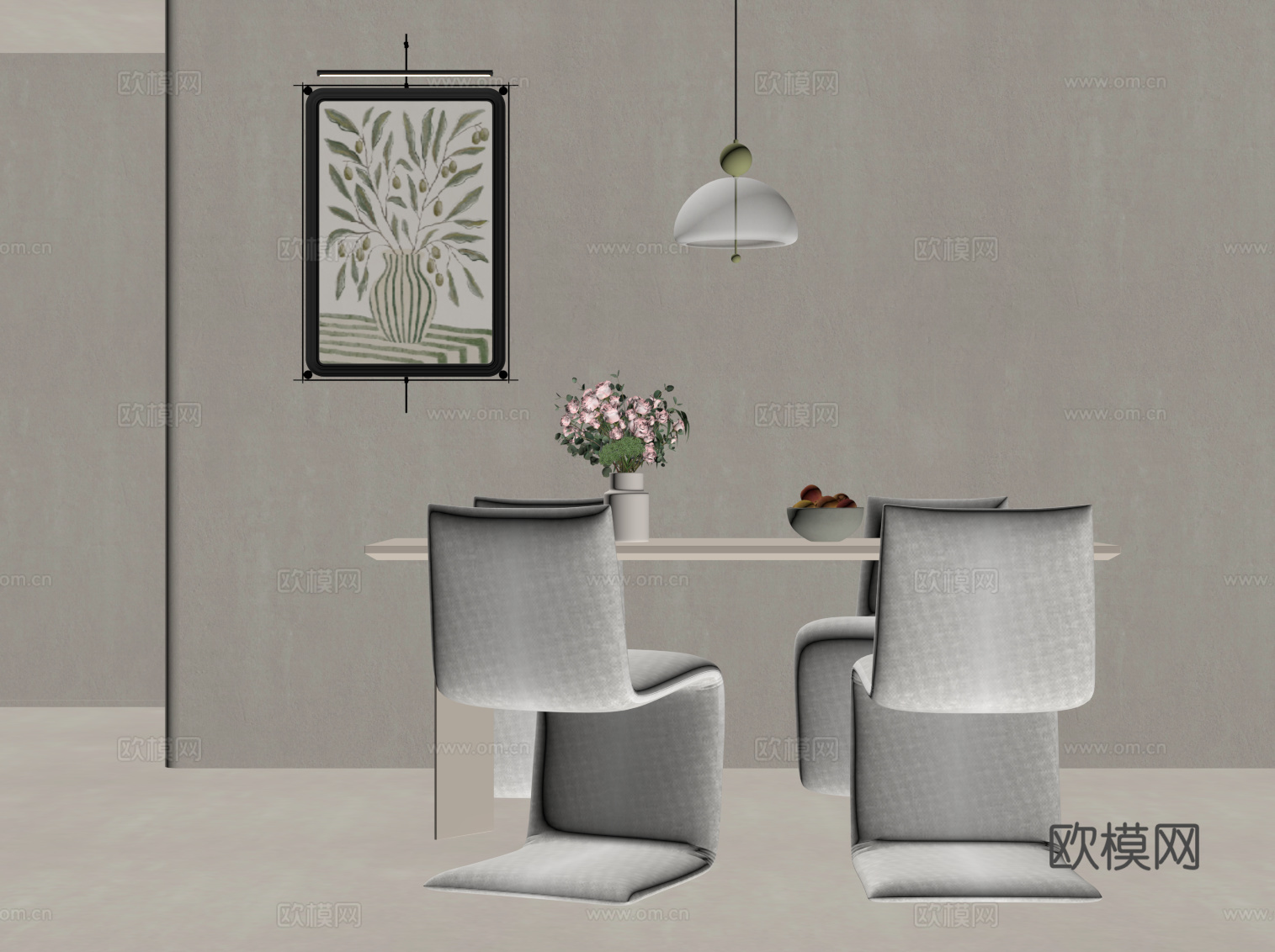 现代奶油风餐桌椅 条形餐桌su模型