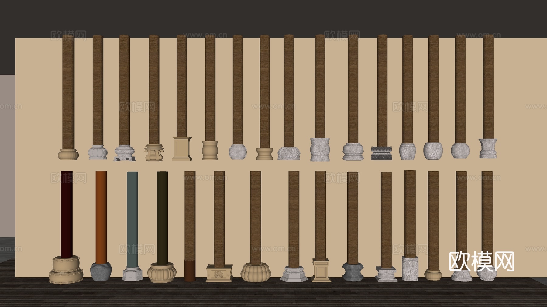 中式雕花柱础 柱头 柱脚 柱子底座su模型