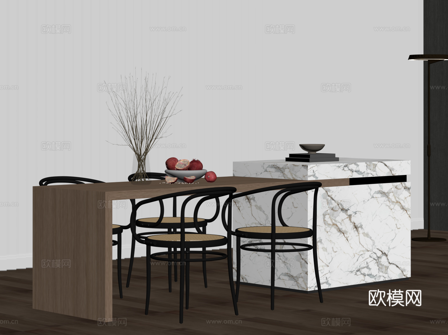 现代奶油风岛台 餐桌椅su模型