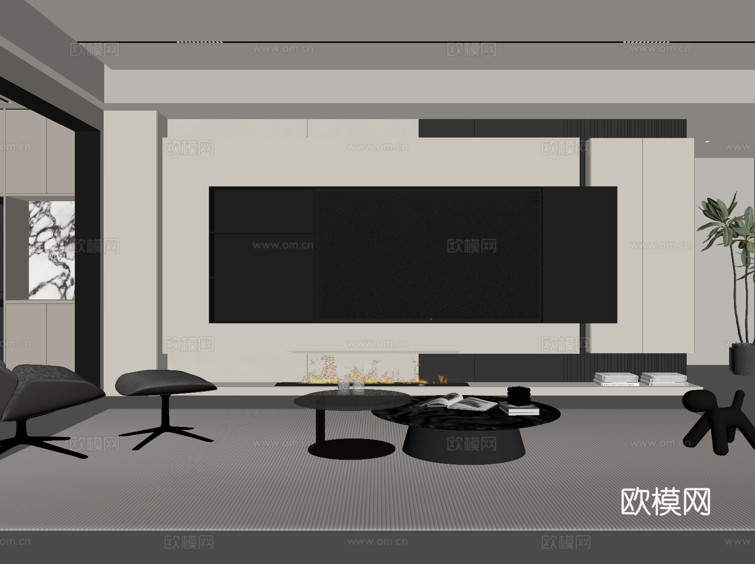 现代简约客厅 电视背景墙 电视柜 沙发茶几组合su模型