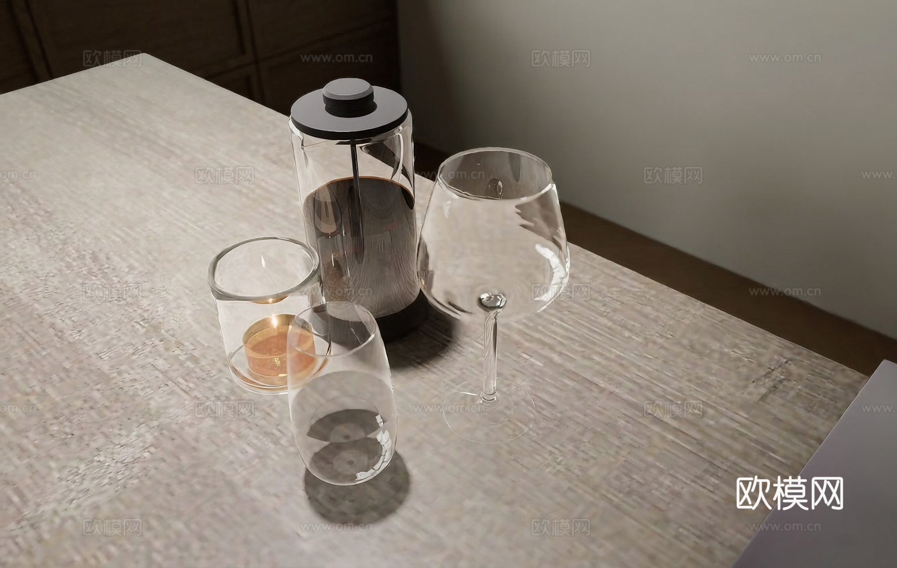 现代简约法压壶 饮品器具 法式压滤壶 高矮玻璃杯 茶蜡杯su模型