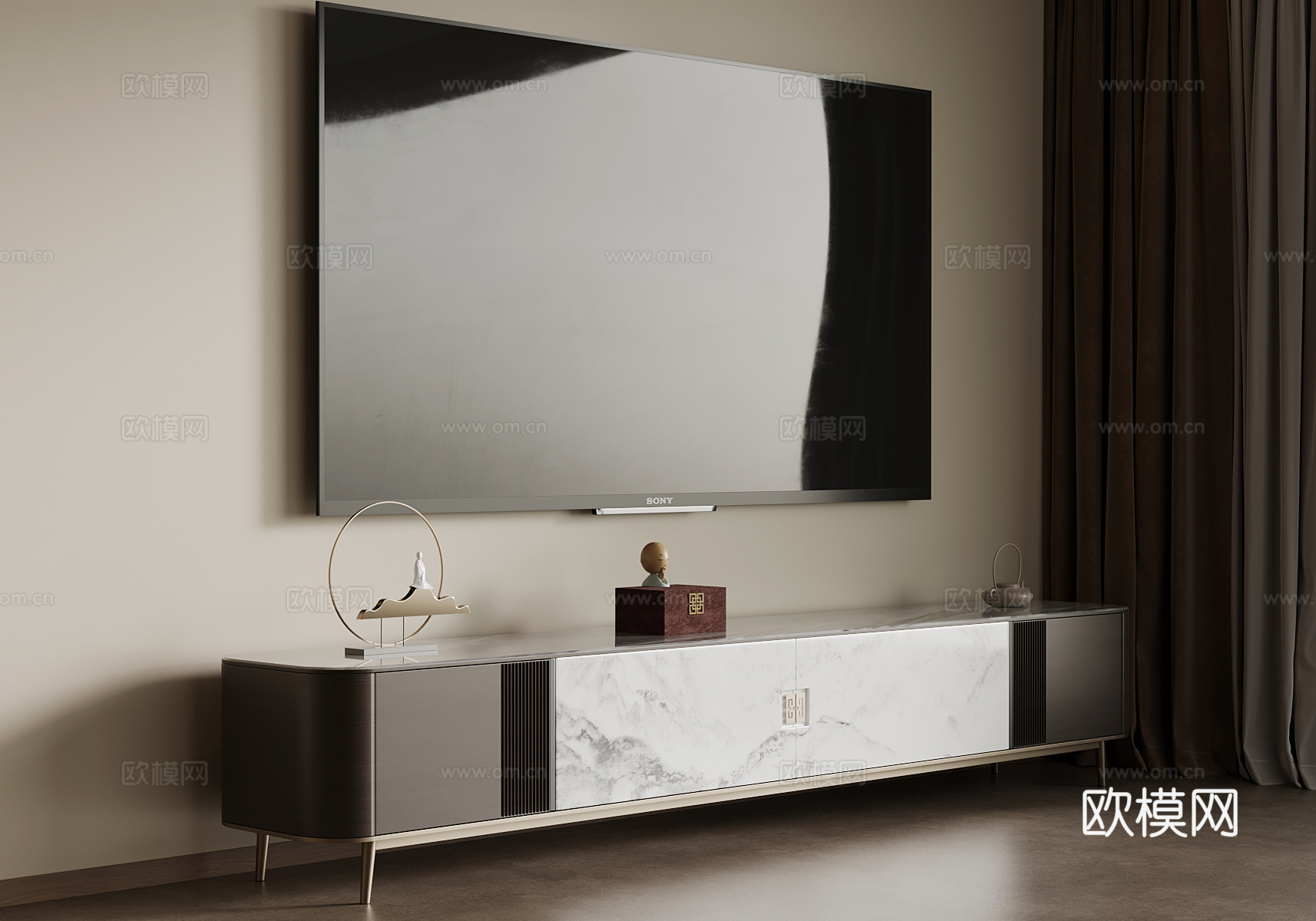 新中式电视柜 矮柜su模型