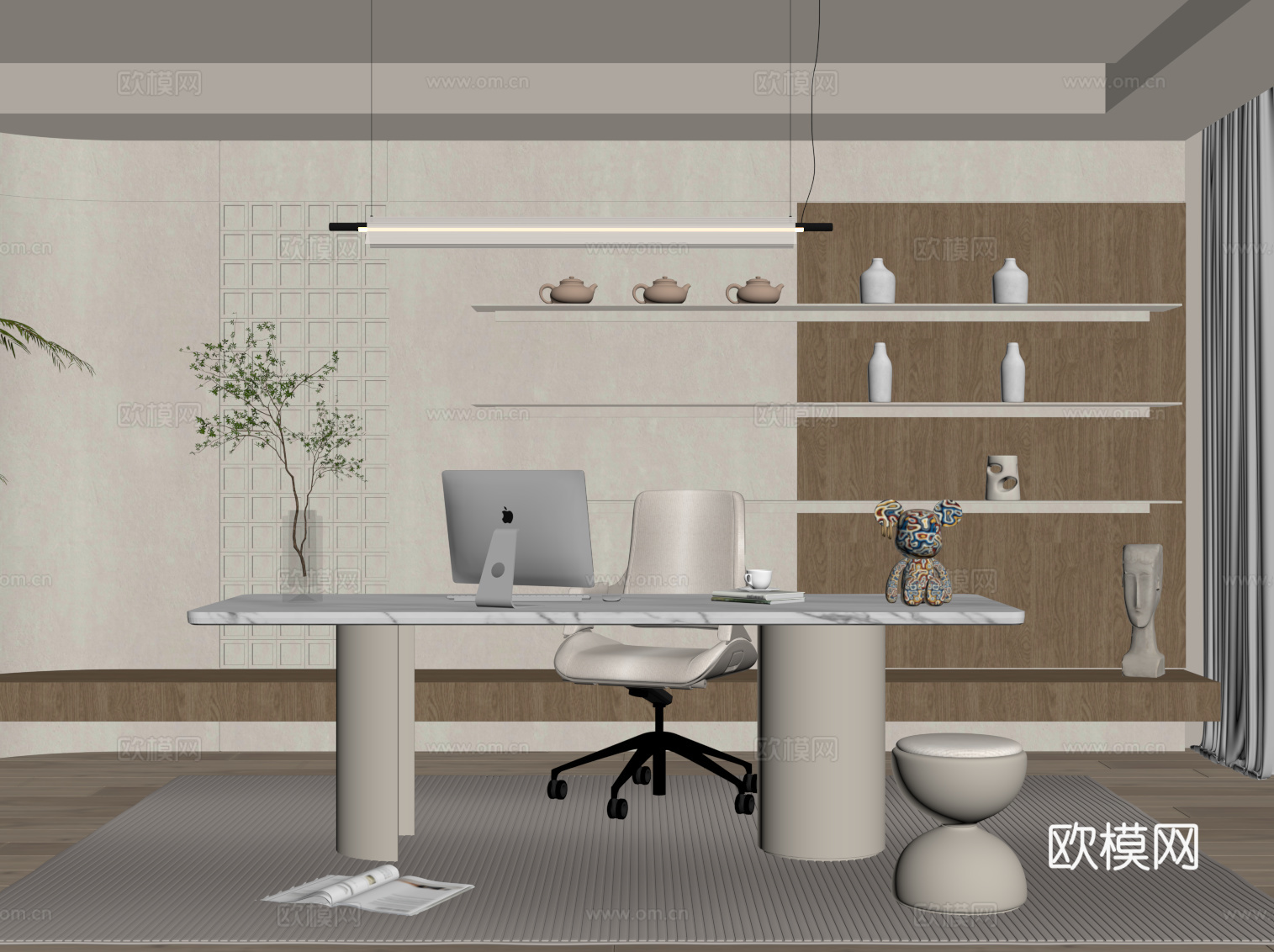 现代奶油风书房 书架 书桌椅su模型