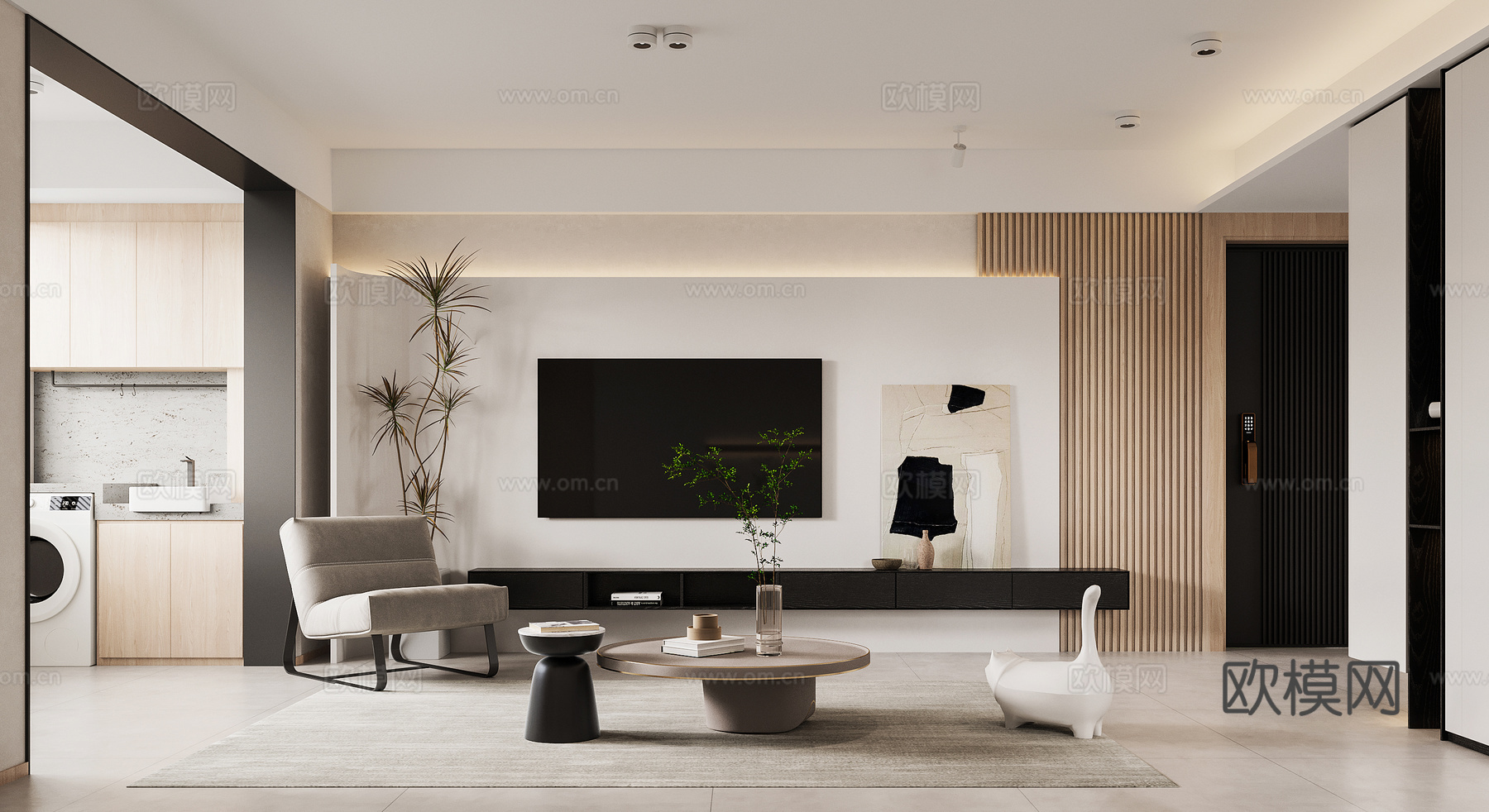 轻奢原木风 样板间 最新全套施工图 效果图合集cad施工图下载（渲染图4）