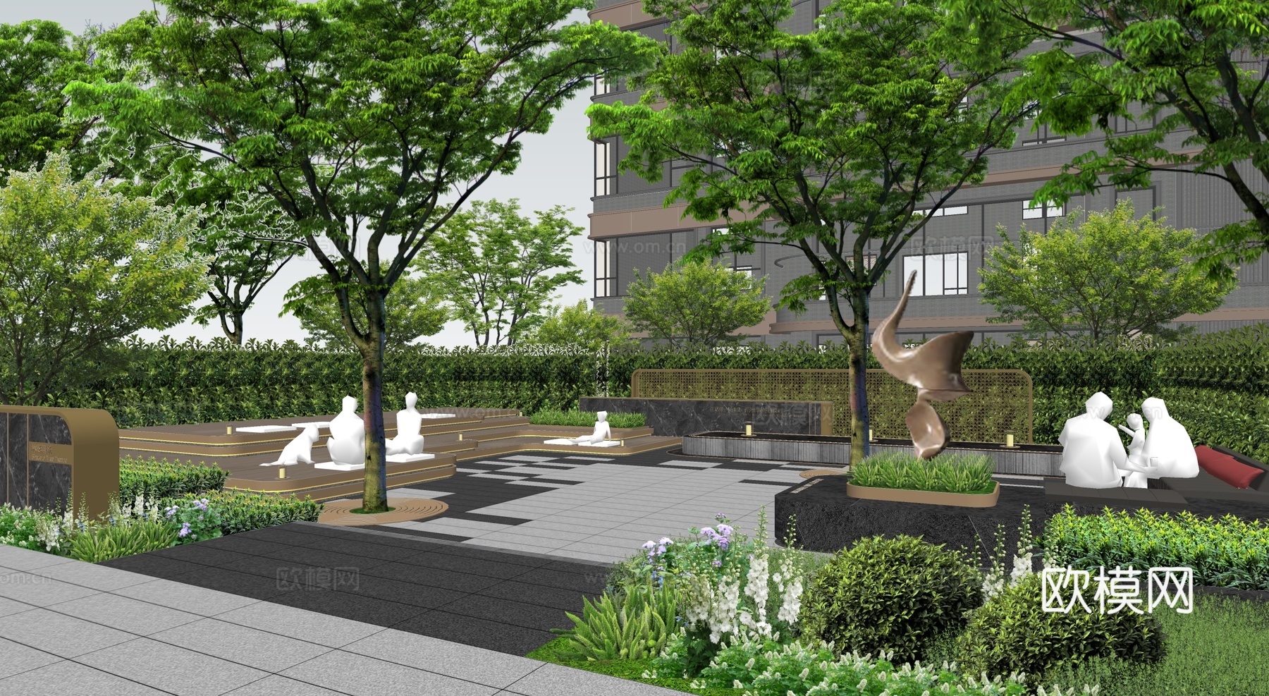 现代公园景观 林下空间 户外座椅su模型