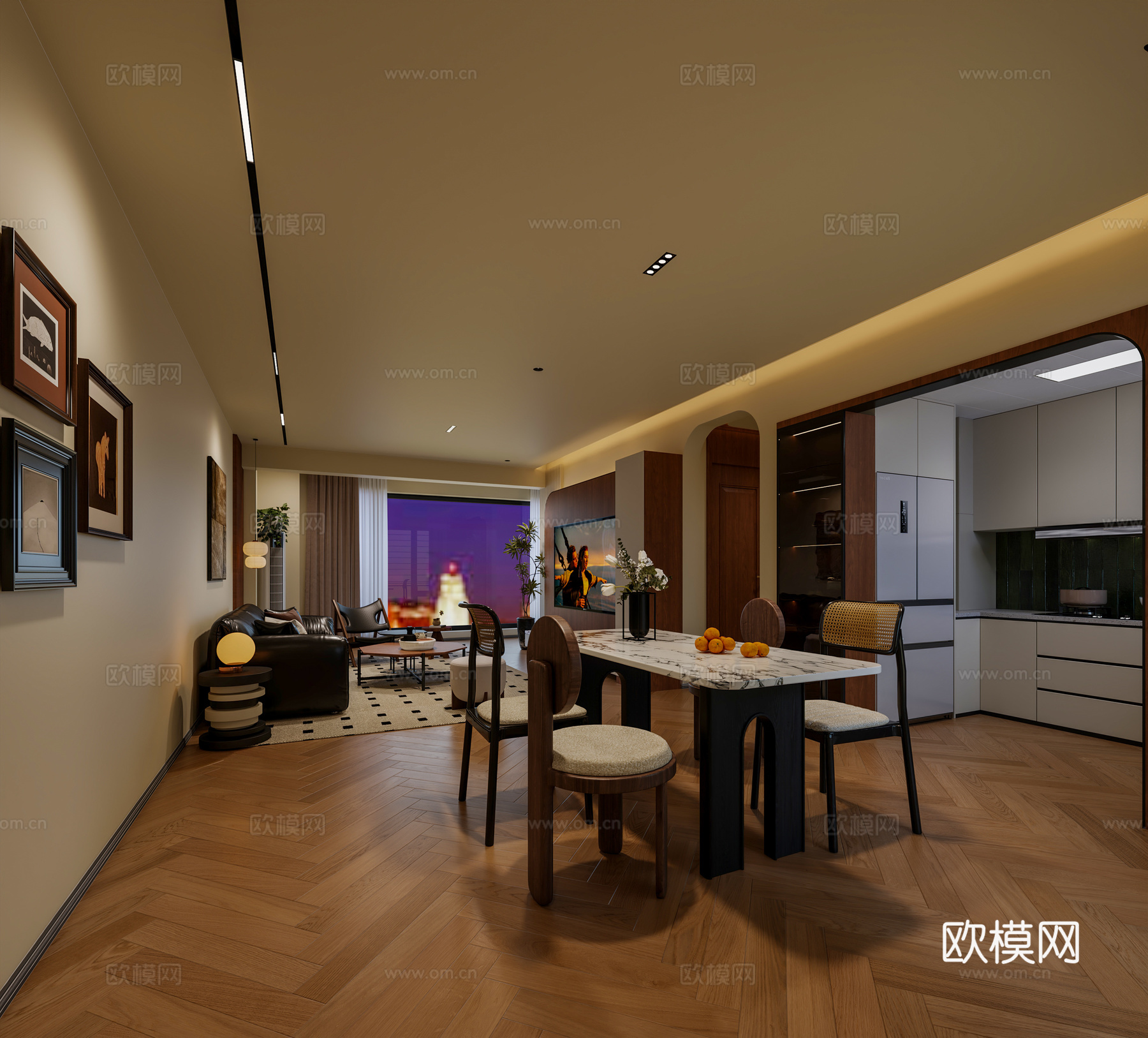 中古风客餐厅 中古风沙发组合 中古风餐桌椅组合  中古风客厅3d模型下载（渲染图4）