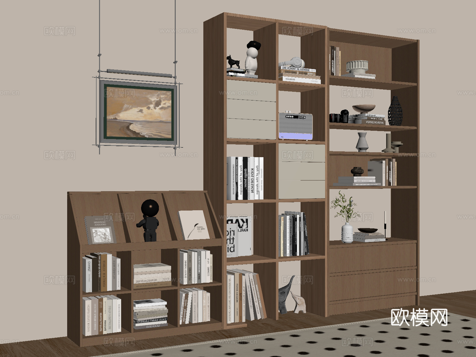 中古风书柜 展示柜 书架 实木置物柜 落地书柜su模型