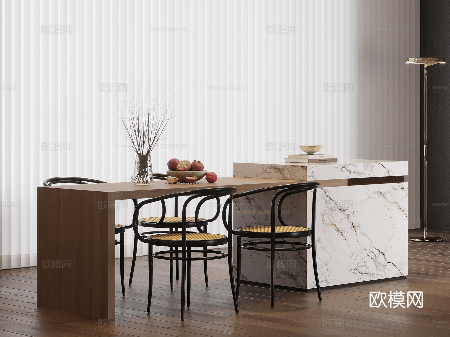 现代奶油风岛台 餐桌椅su模型
