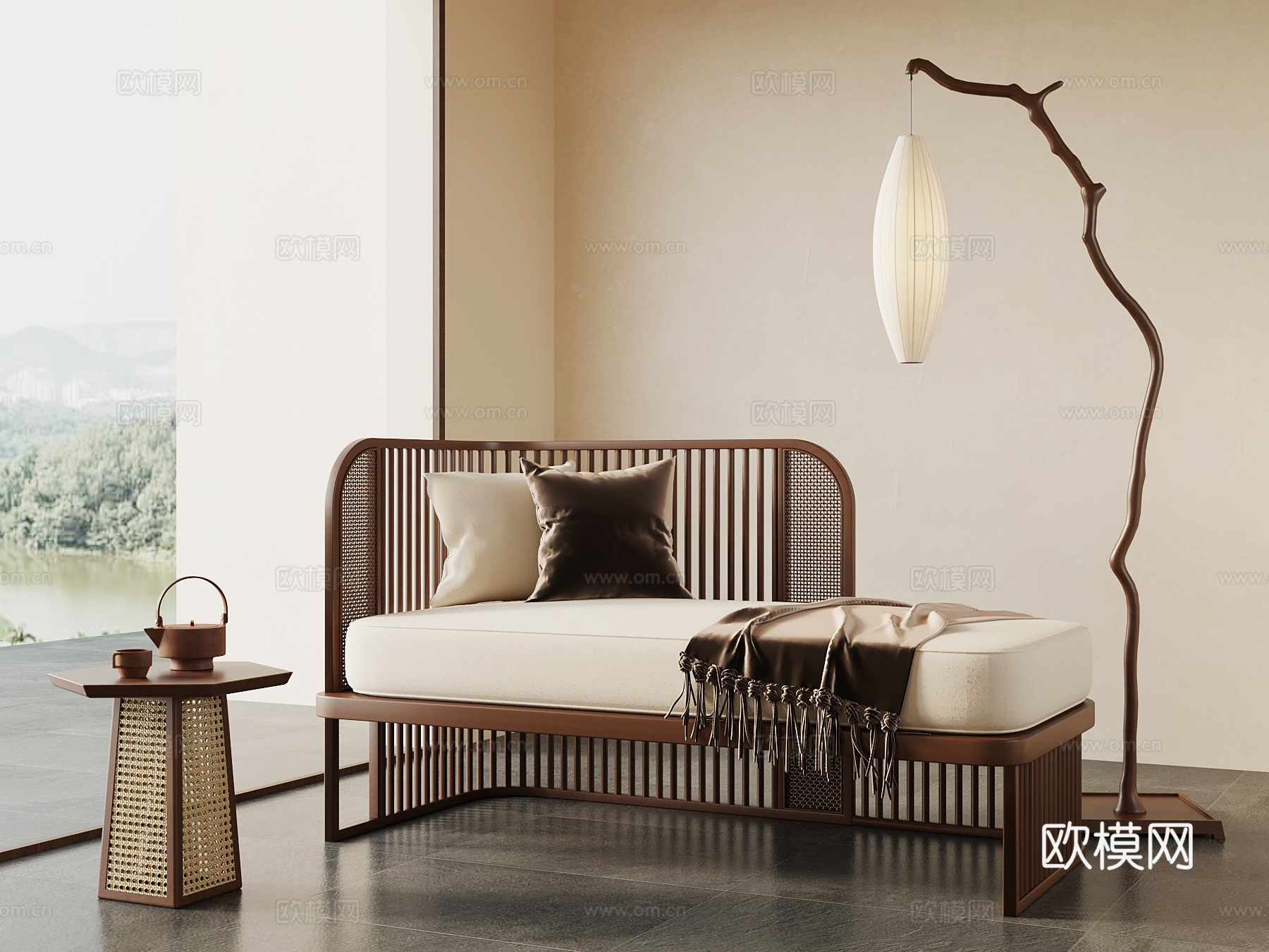 新中式贵妃椅 落地灯 边几vsu模型