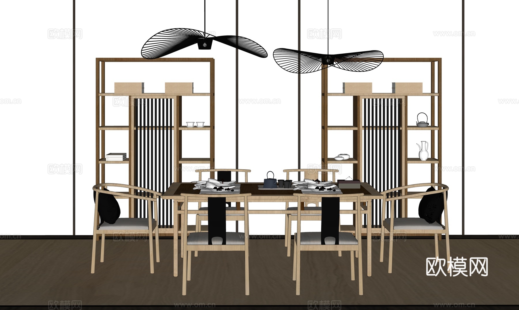 新中式茶室su模型下载（渲染图2）