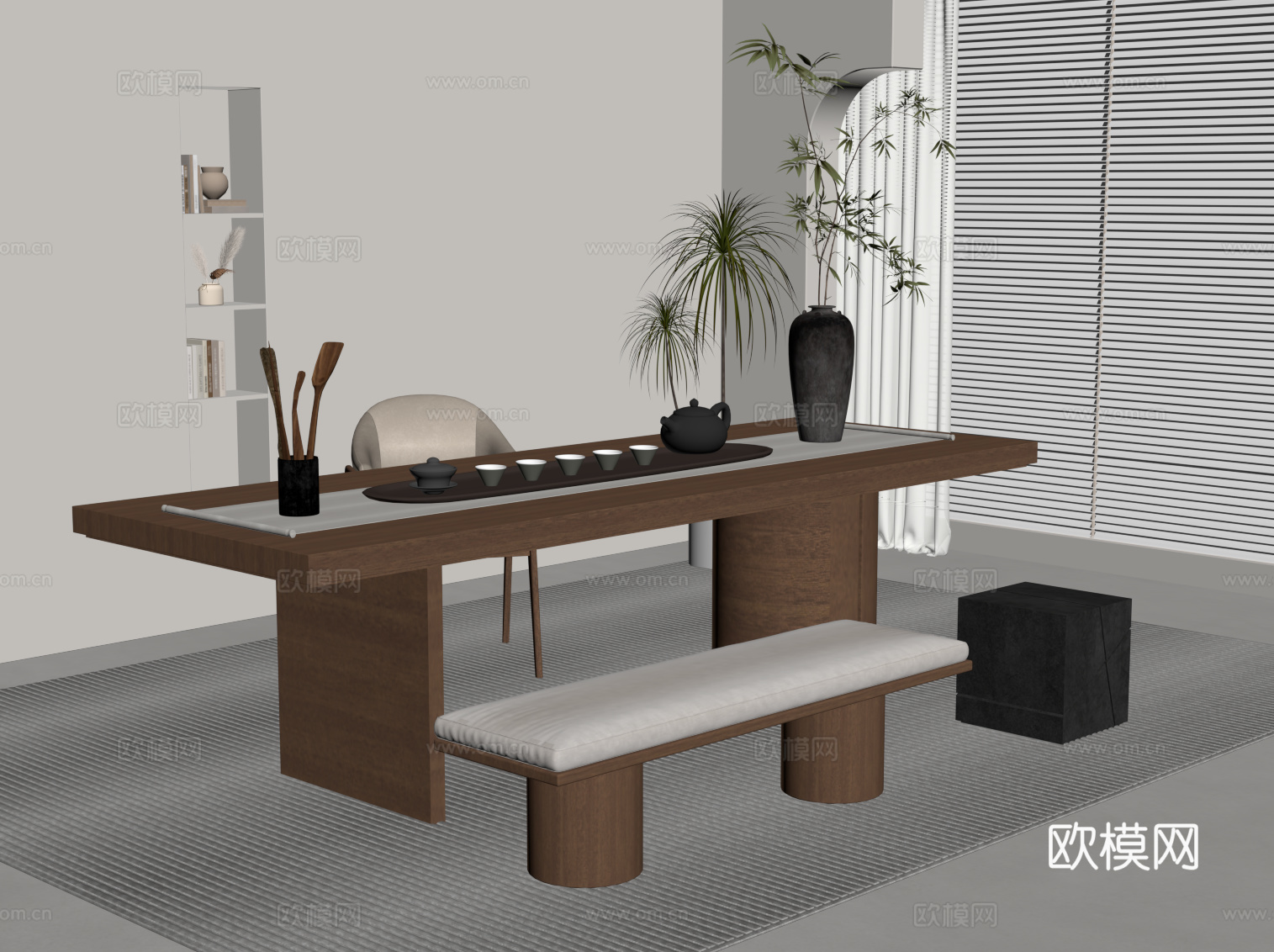 中古风茶桌椅 茶台su模型