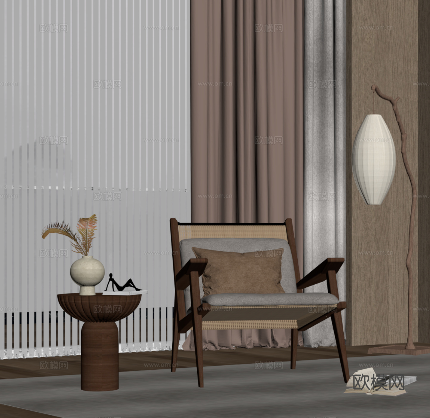 中古风休闲椅 边几 落地灯su模型