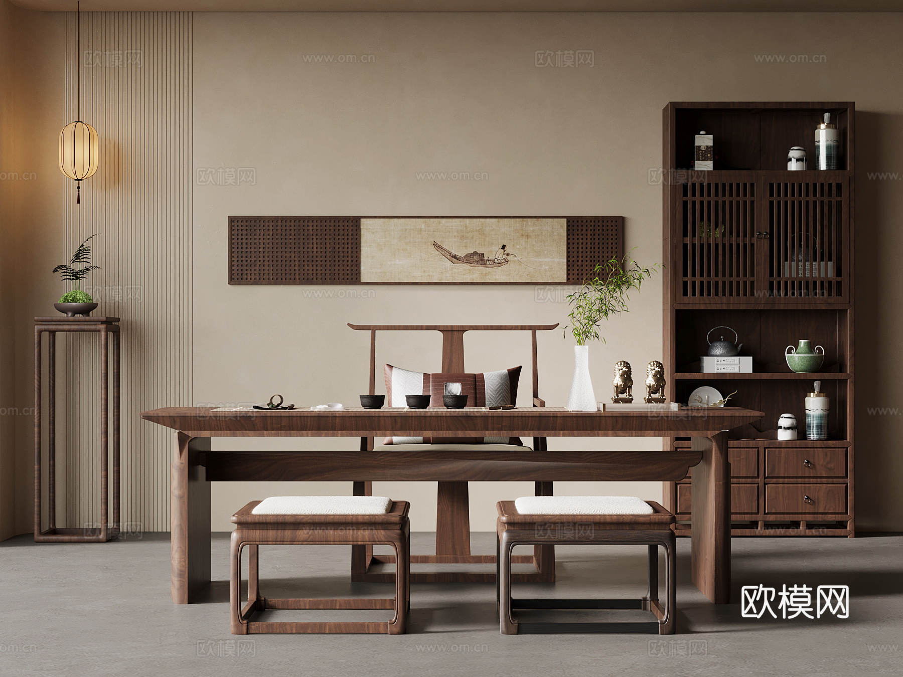 新中式茶桌椅 博古架su模型