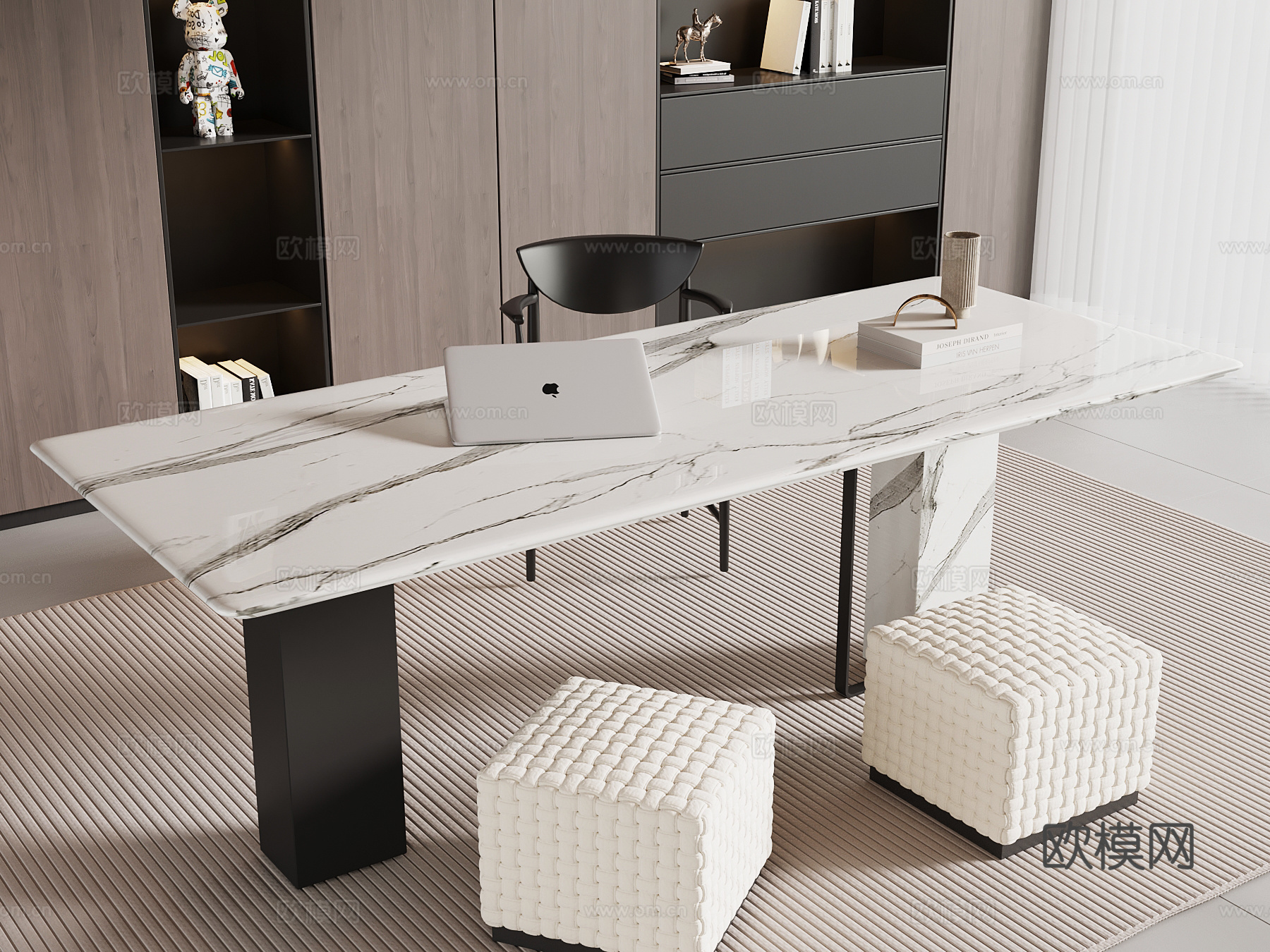 现代意式书桌椅 书房 书柜su模型