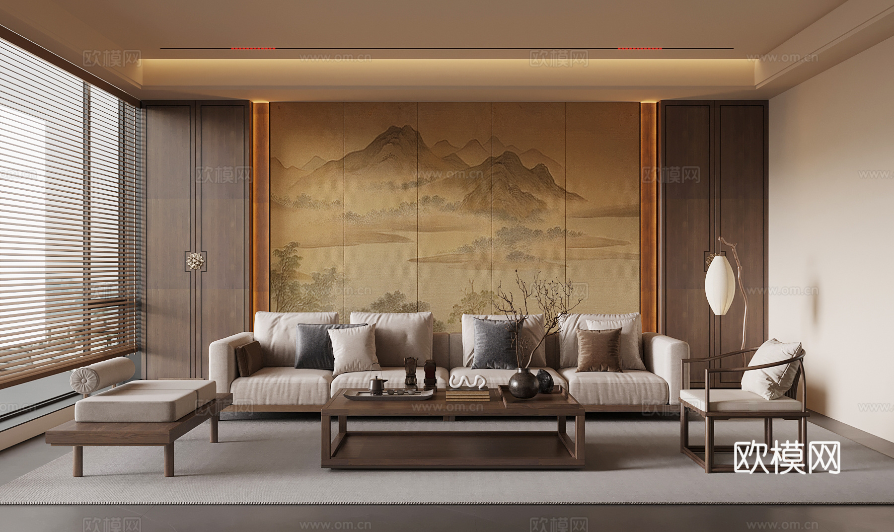 新中式客厅su模型