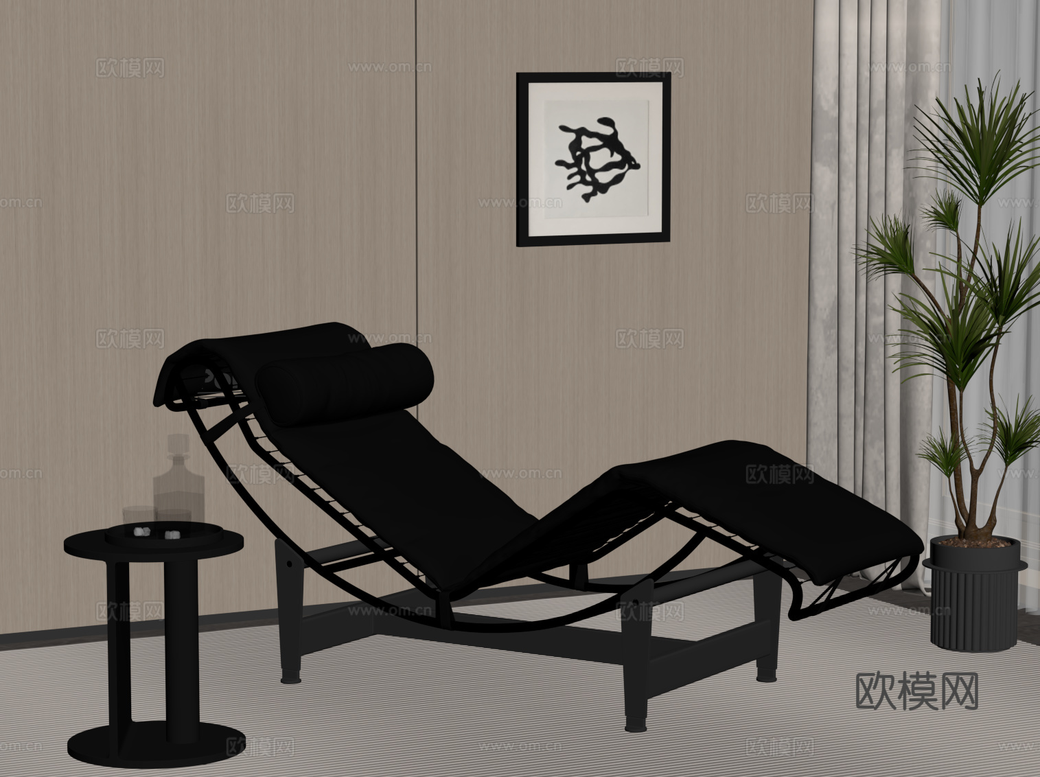 现代意式躺椅 皮质躺椅 边几su模型