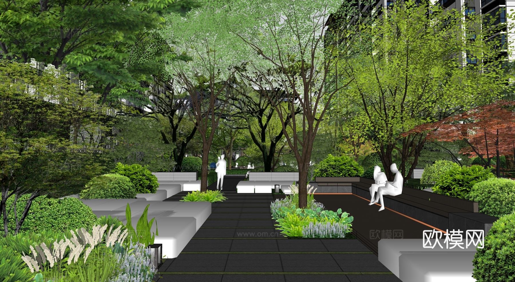 现代公园景观 林下空间 户外座椅su模型