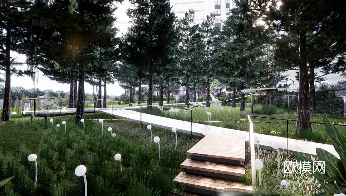 现代公园景观 林下空间 户外座椅su模型