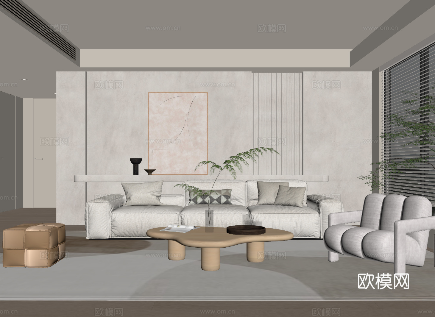 现代奶油风客厅 沙发背景墙 沙发茶几组合su模型