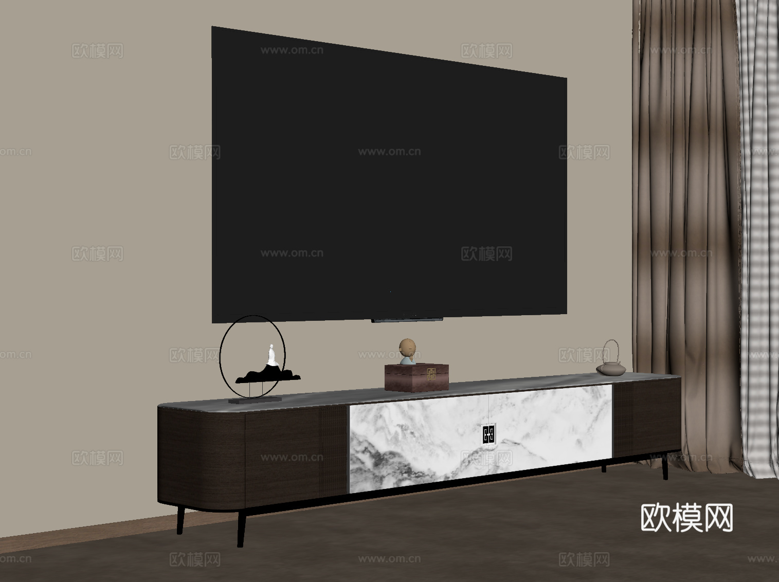 新中式电视柜 矮柜su模型