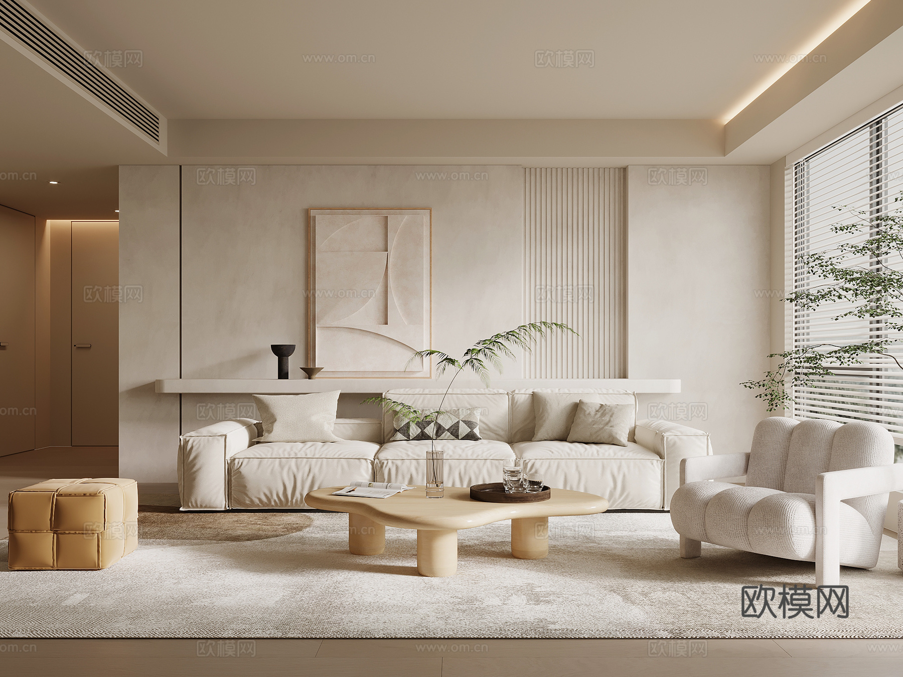 现代奶油风客厅 沙发背景墙 沙发茶几组合su模型