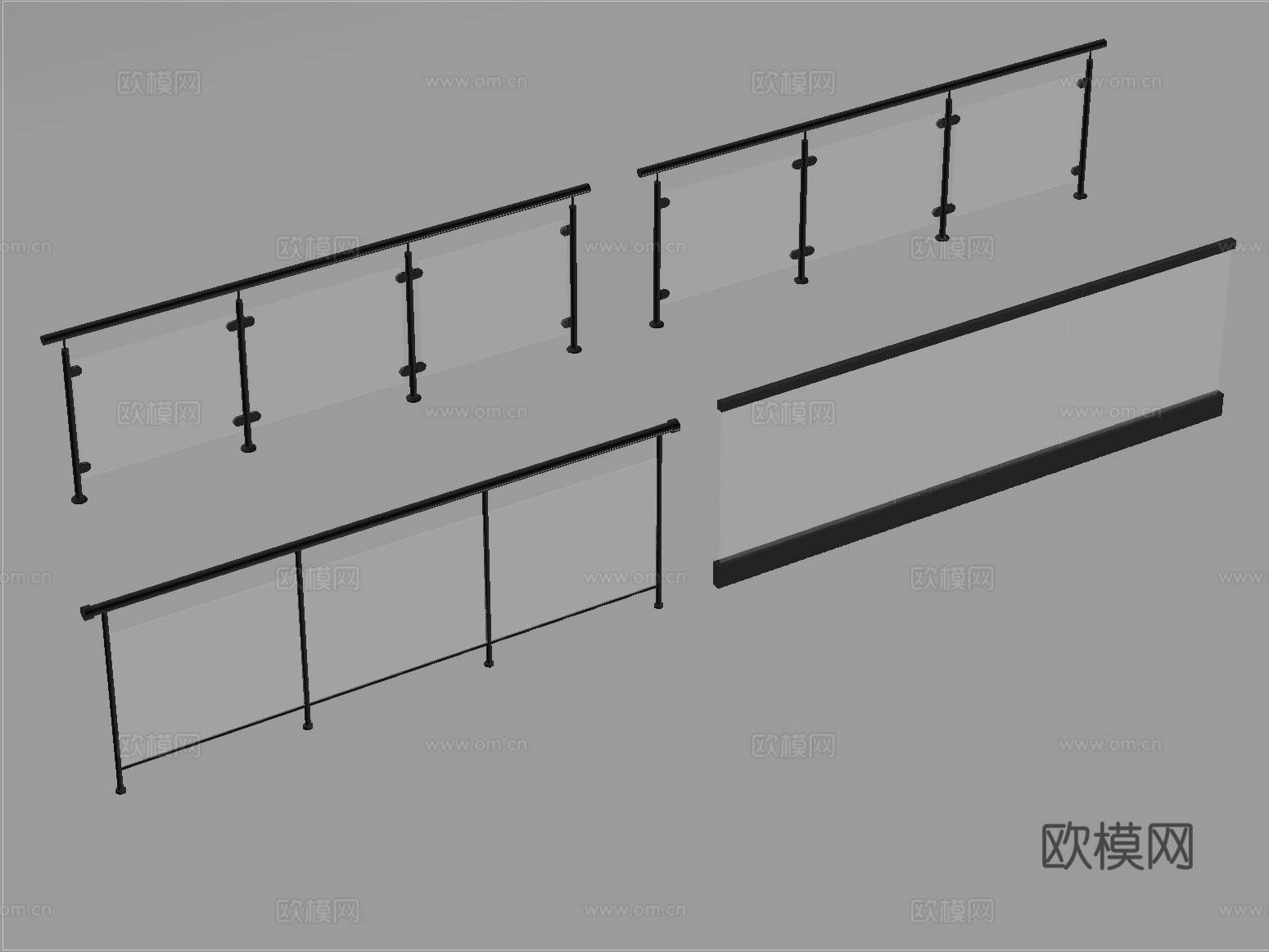 玻璃围栏防护栏 玻璃栏杆 扶手 铁艺栏杆su模型