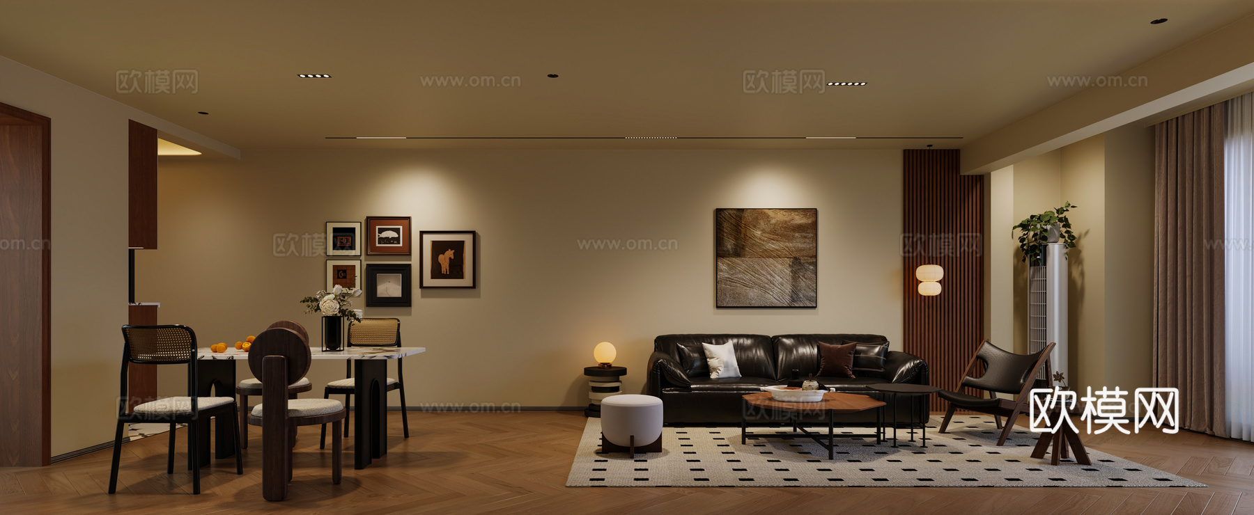 中古风客餐厅 中古风沙发组合 中古风餐桌椅组合  中古风客厅3d模型下载（渲染图1）