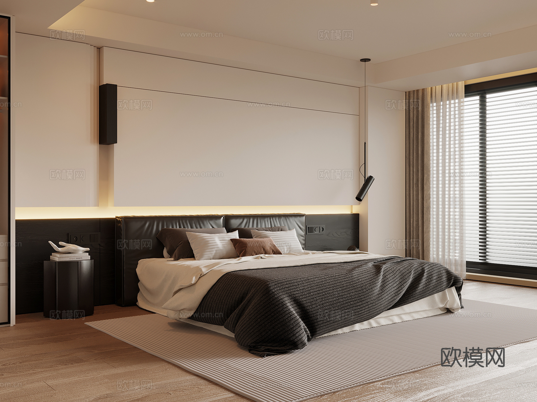 现代意式卧室 双人床 床头柜su模型