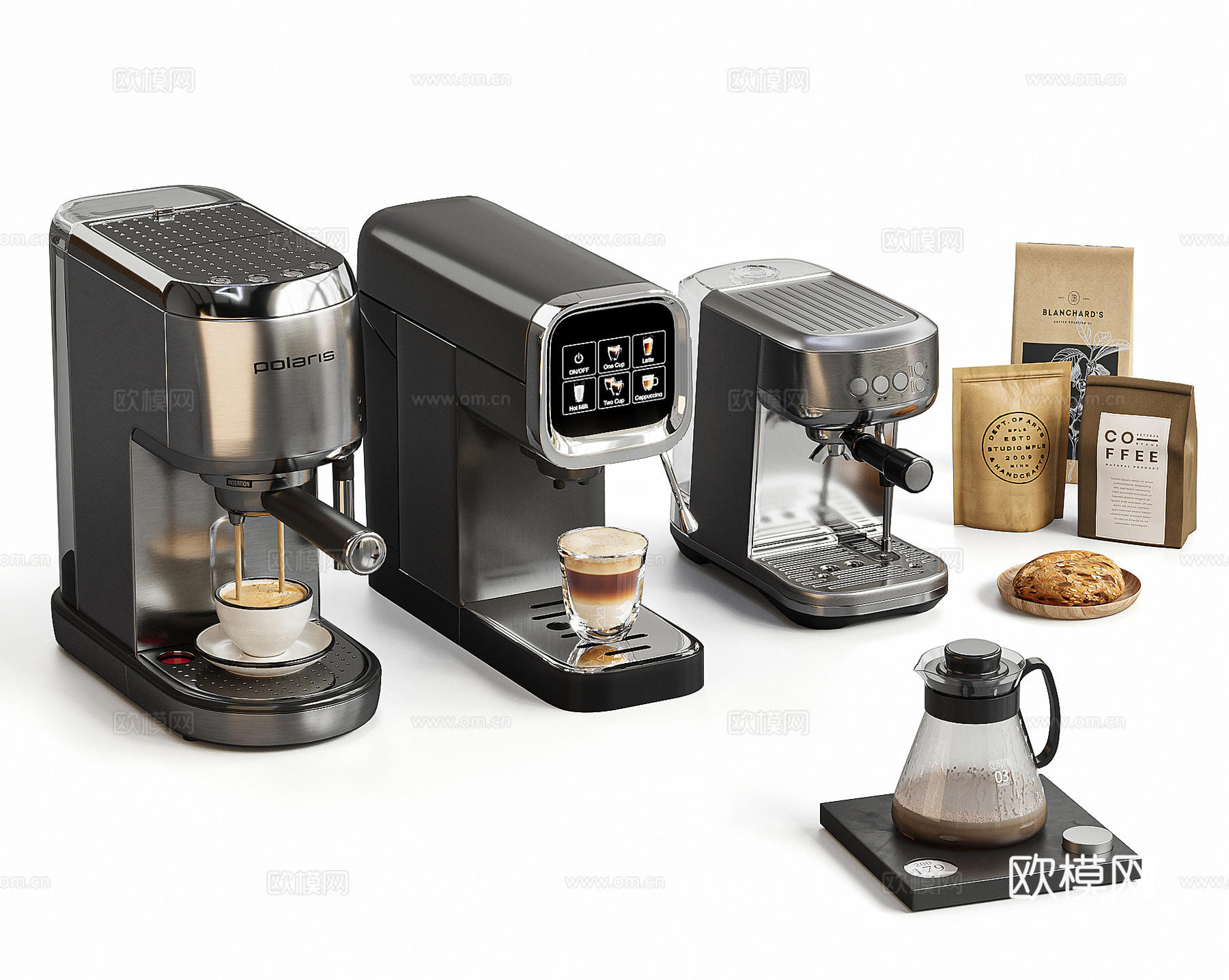 现代咖啡机组合 咖啡壶 咖啡豆 食物 咖啡杯su模型