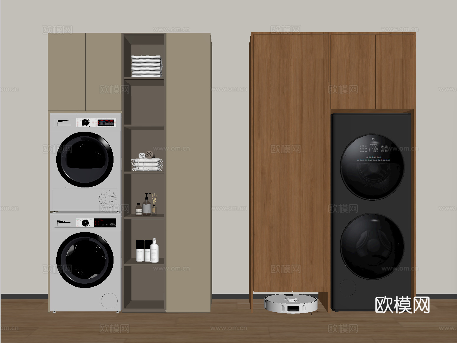 现代洗衣机柜 阳台柜 洗衣机 烘干机 洗烘一体机 扫地机器su模型