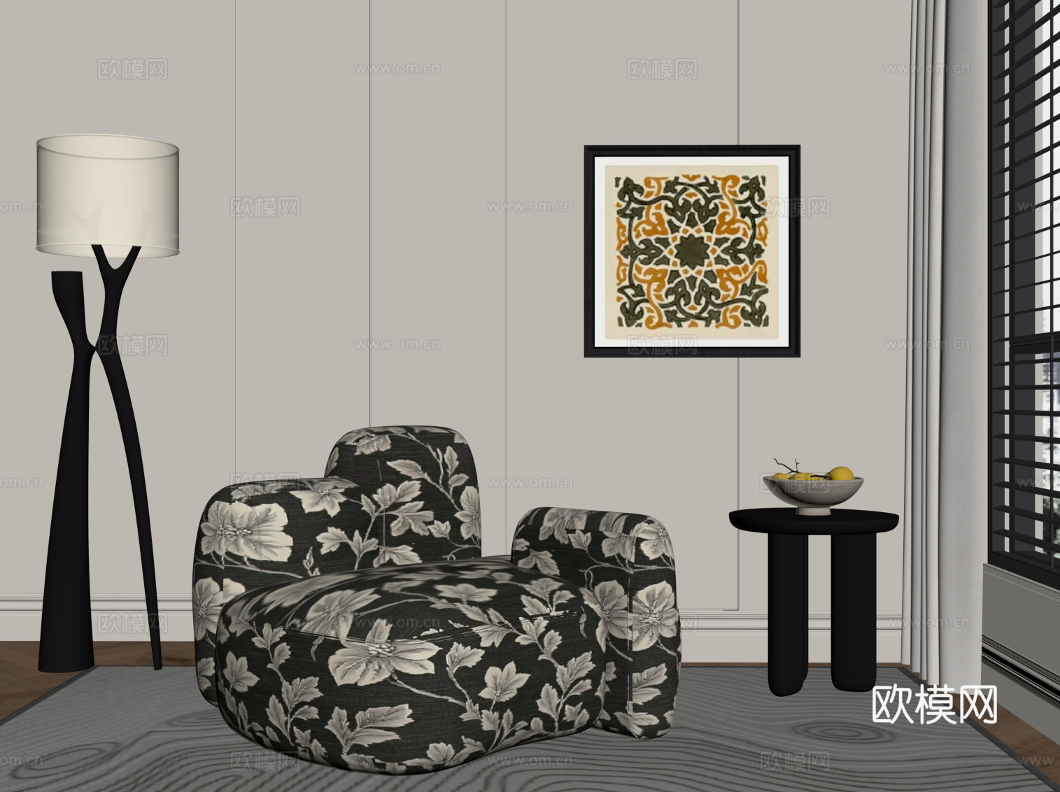 法式复古单人沙发 休闲沙发 落地灯 边几 挂画su模型