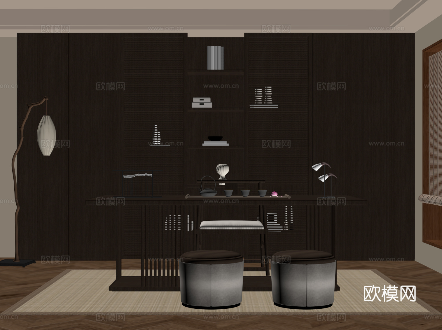 新中式书房 书柜 书桌椅su模型