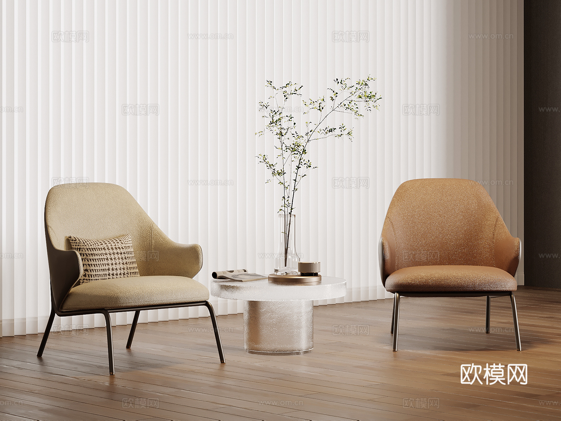 现代休闲椅 皮革沙发椅 边几su模型