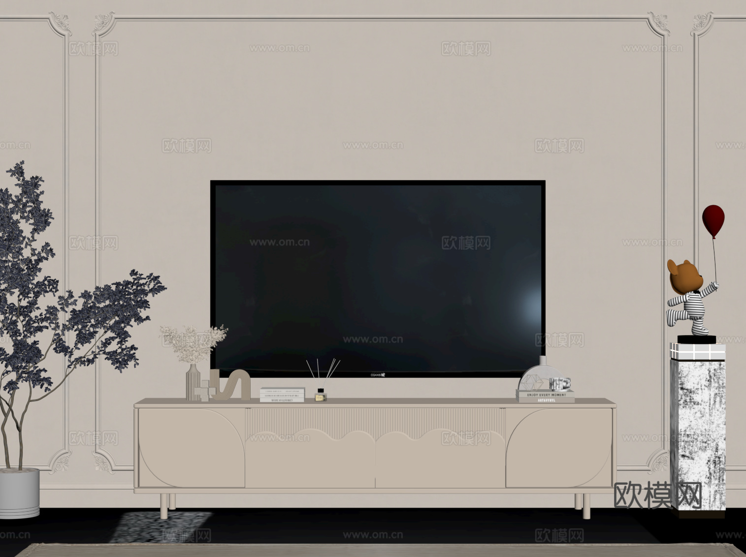 奶油风电视柜su模型