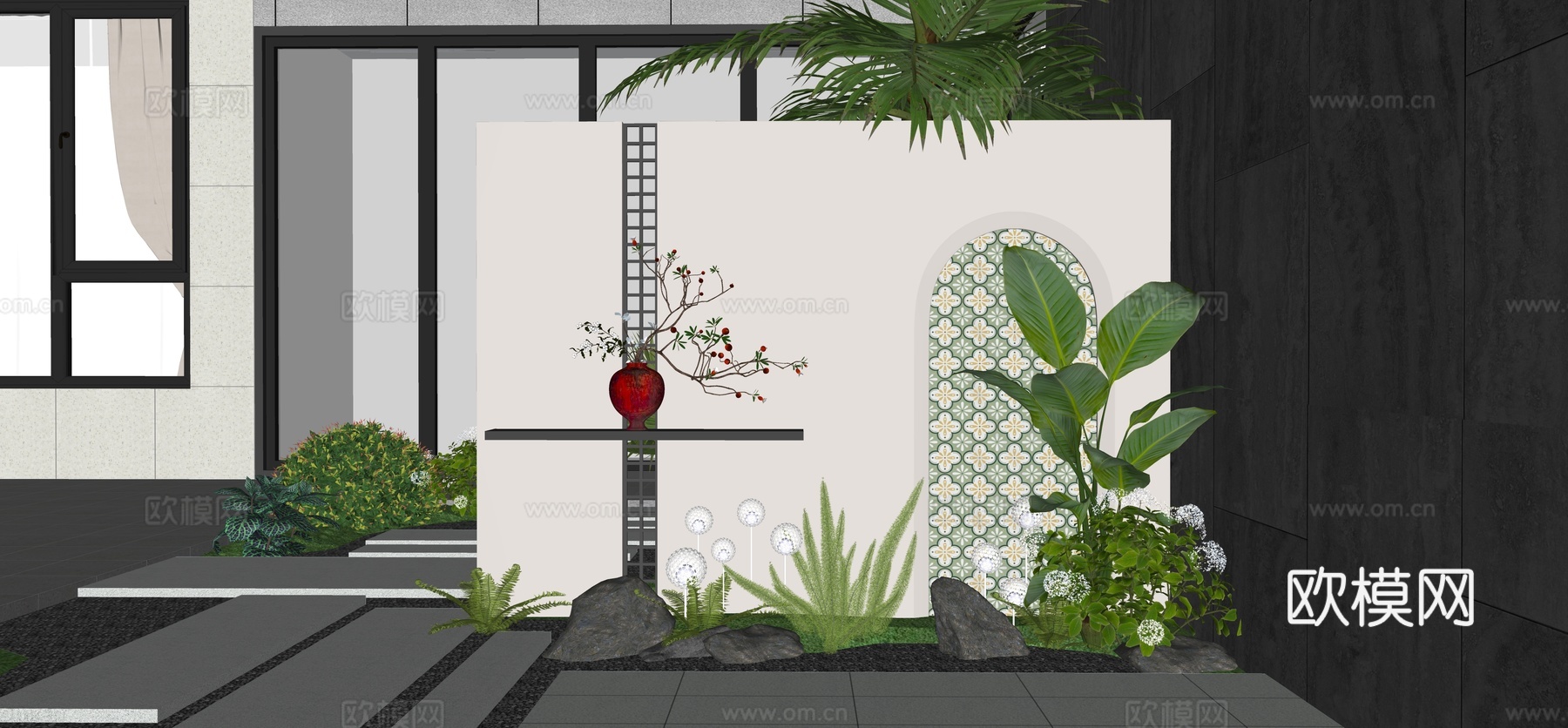 现代奶油风景观 庭院造型景墙   屏风隔断围墙 背景墙su模型