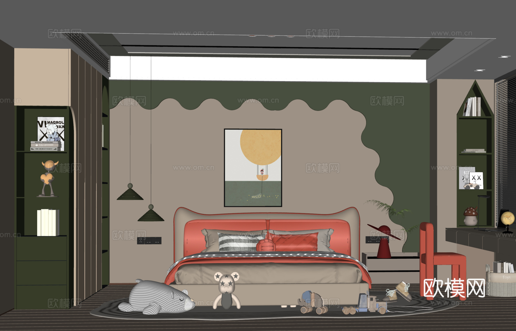现代儿童房 儿童床 阳台书桌椅 儿童衣柜su模型