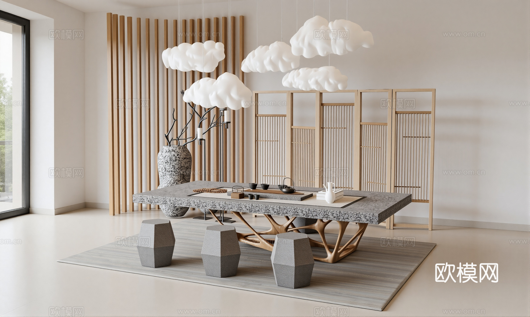 新中式茶室su模型下载（渲染图1）