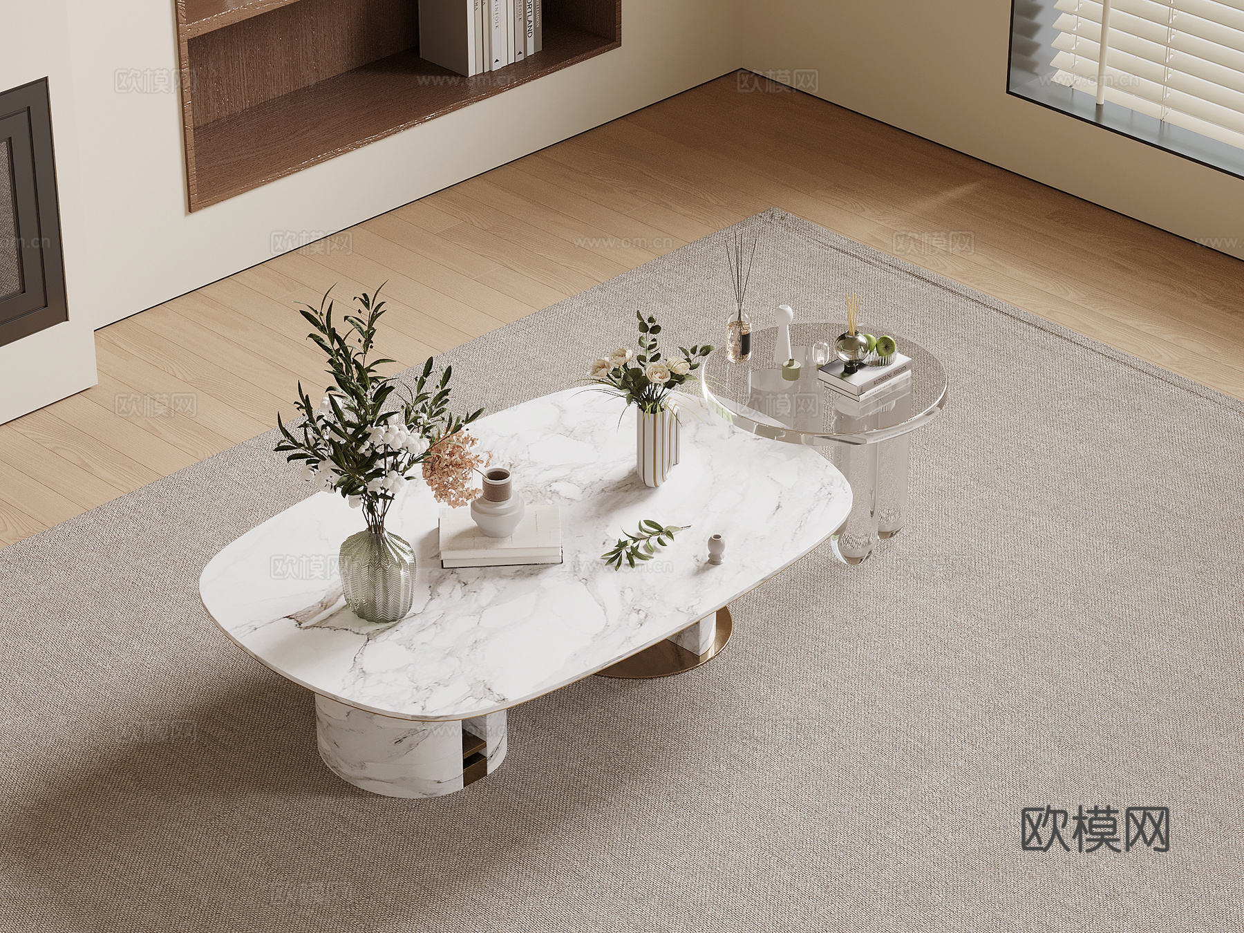 现代奶油风茶几 子母几su模型