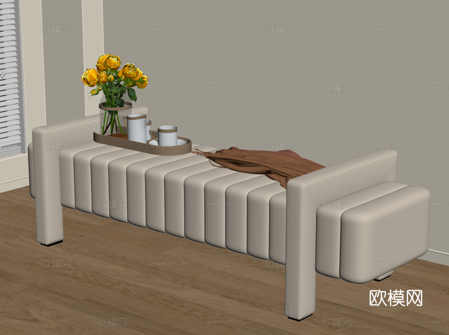 奶油风床尾凳su模型