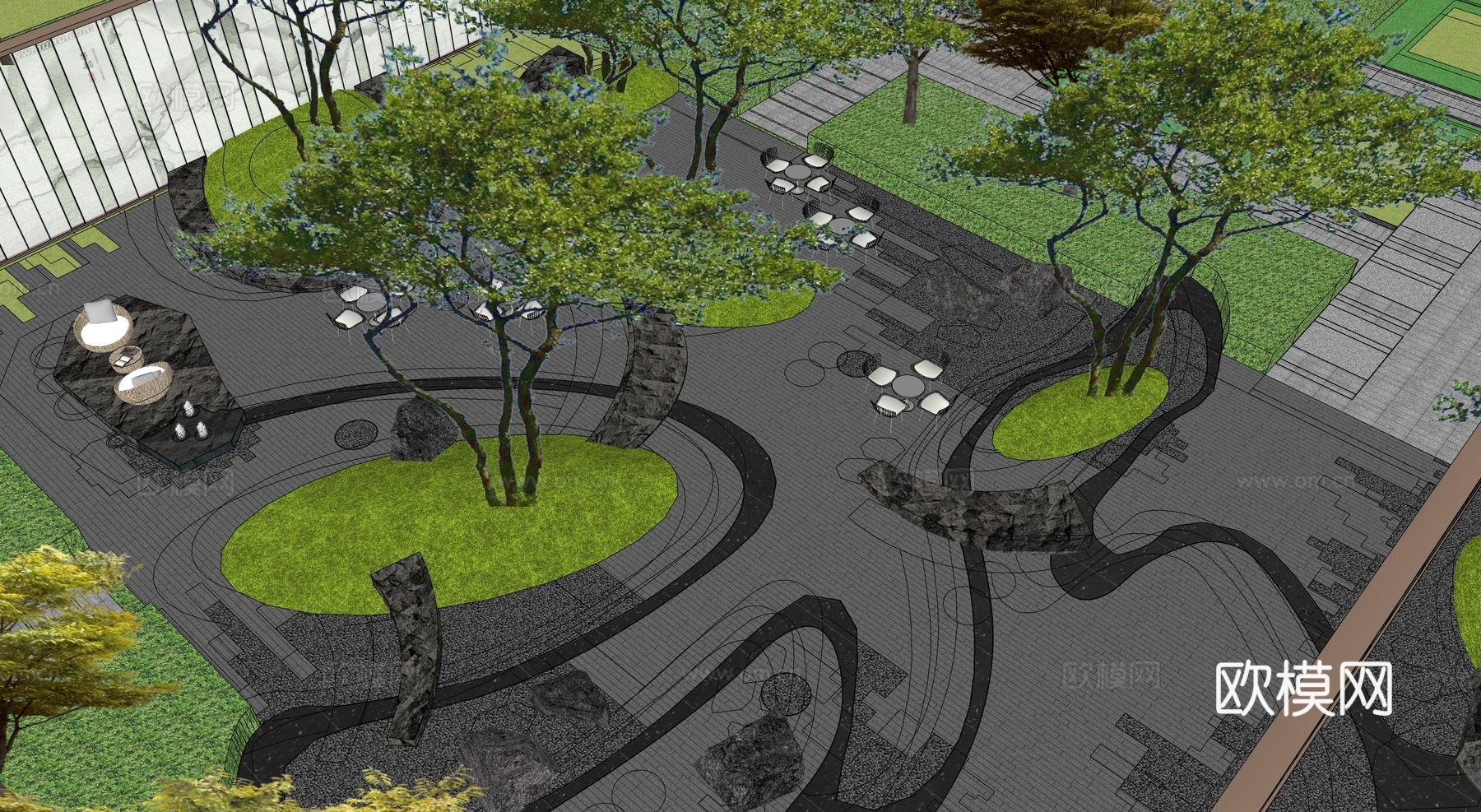 现代公园景观 林下空间 户外座椅 园林景观su模型