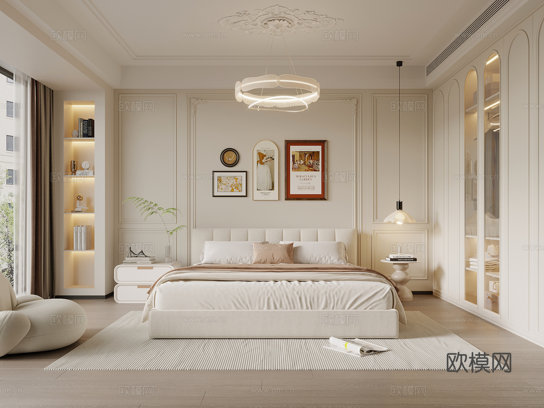 法式奶油风卧室 双人床 床头柜 衣柜su模型