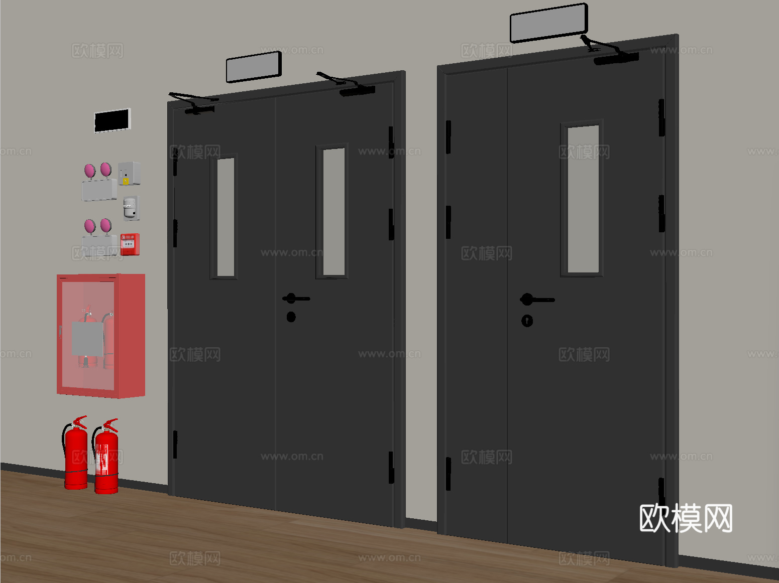 现代消防门 防火门 安全出口 应急感应灯 消防栓 灭火器su模型