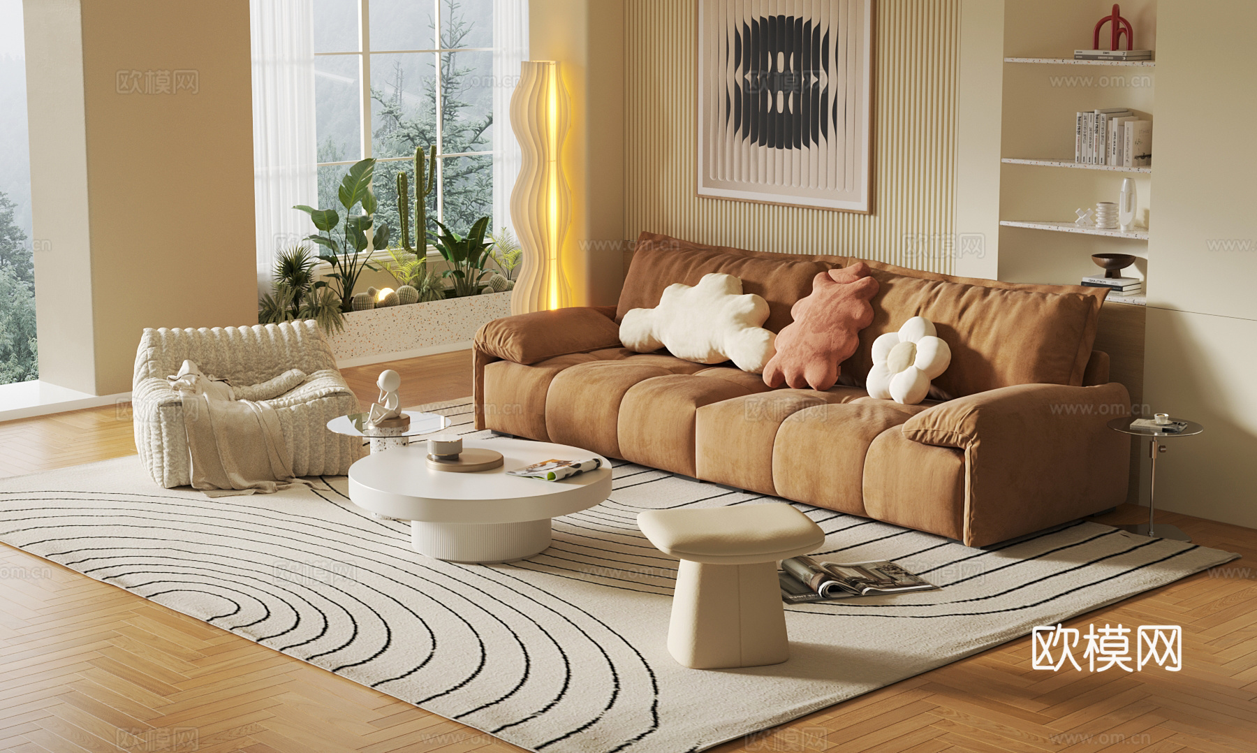 现代奶油风客厅 沙发茶几组合su模型